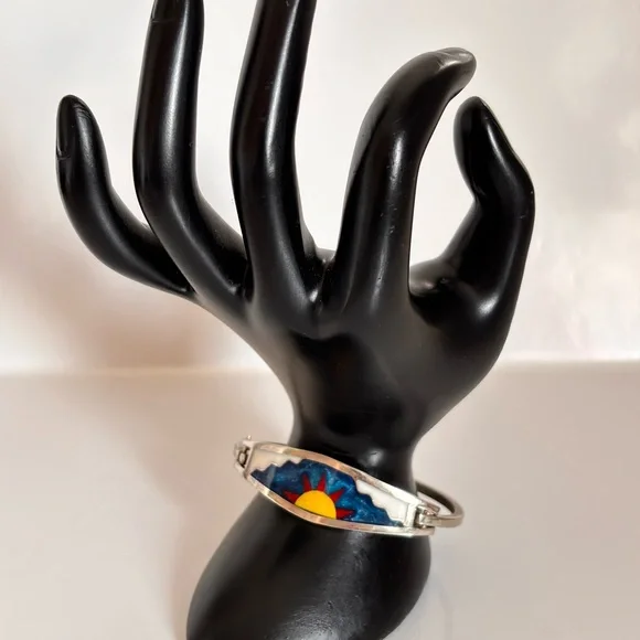 Vintage Sterling Silver Taxco Mexico Inlay Cuff Bangle Hinged Bracelet - Picture 2 of 7